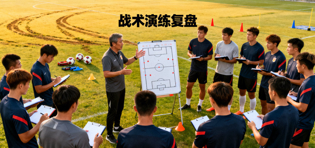 球队在训练场上进行战术演练，赛后复盘文章配图