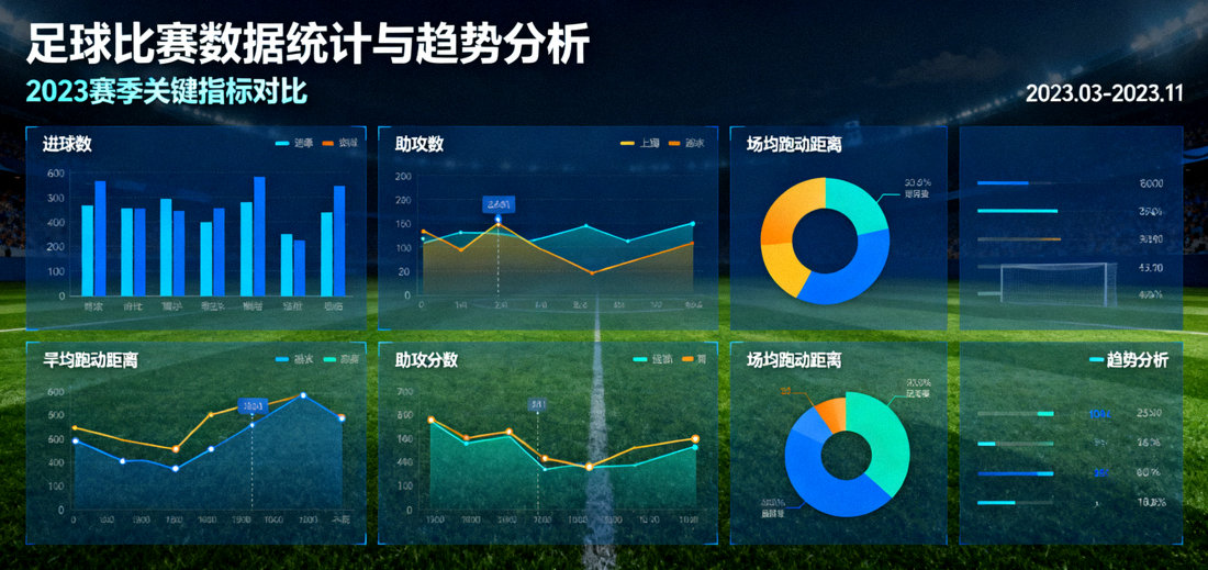 足球比赛数据统计图表与趋势分析面板，数据分析文章配图