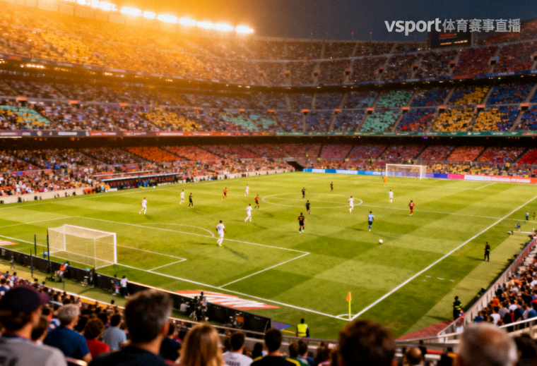 足球比赛现场观众席与球场全景，vsport体育赛事直播画面