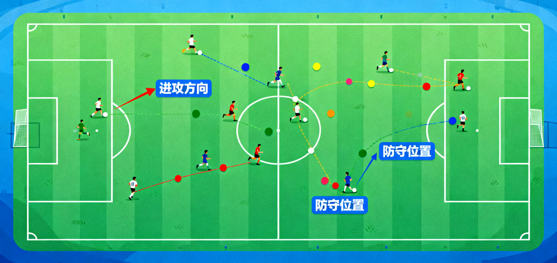 足球场地全景与球员跑位示意，球员观察文章配图